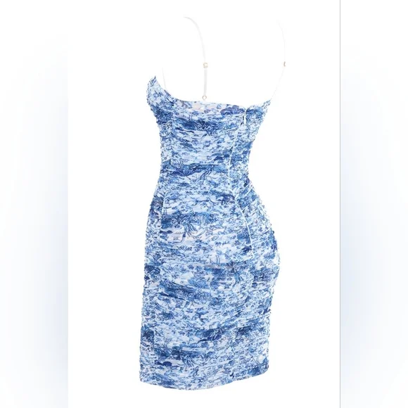 House Of CB Ella Blue + White Ruched Organza Mesh Mini dress Medium